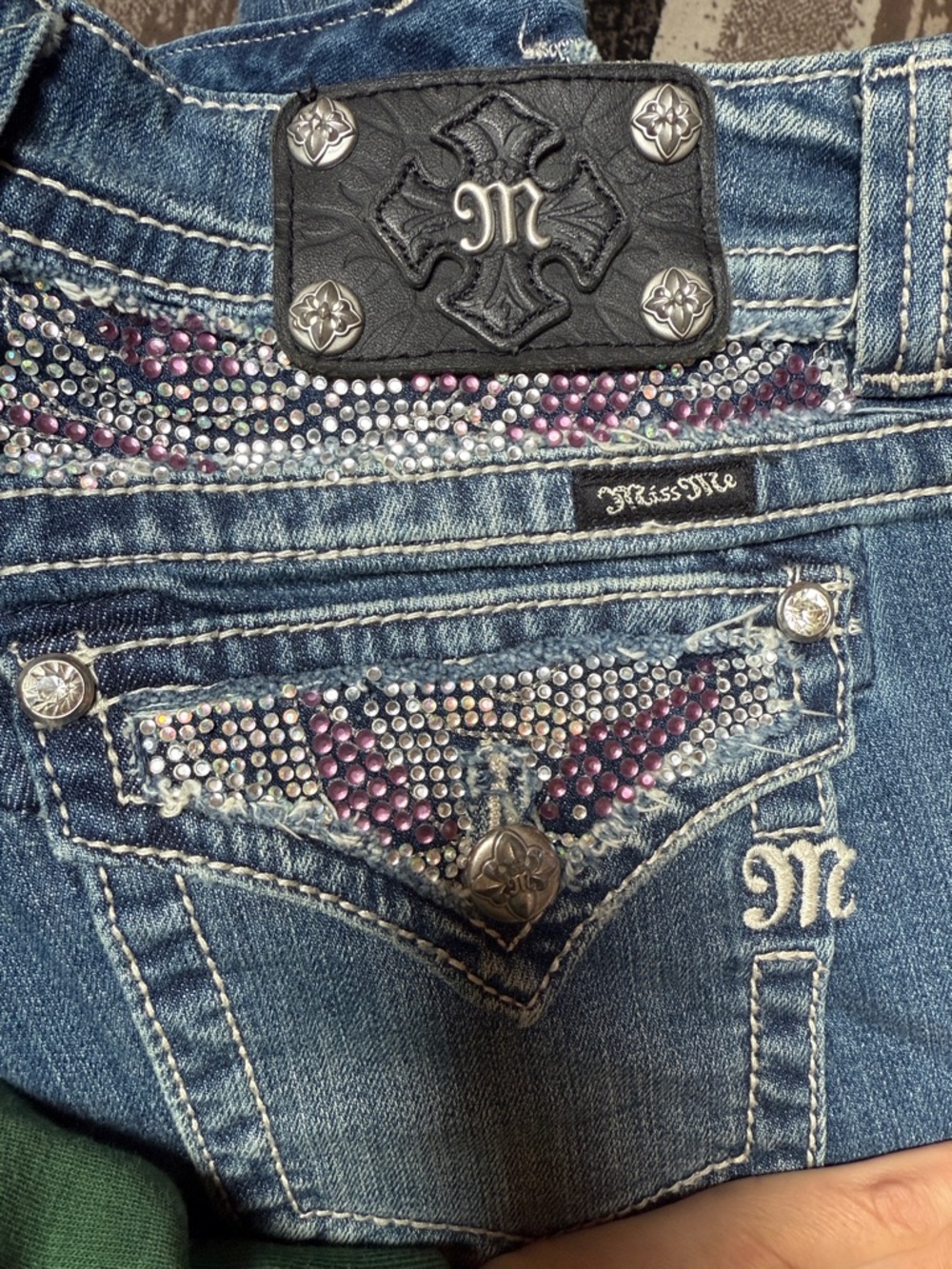 Miss Me Blue Denim Bootcut Jeans with Pink and Silver Rhinestones
